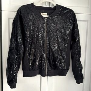 Black Sequin Bomber Zip Up Jacket Size Medium